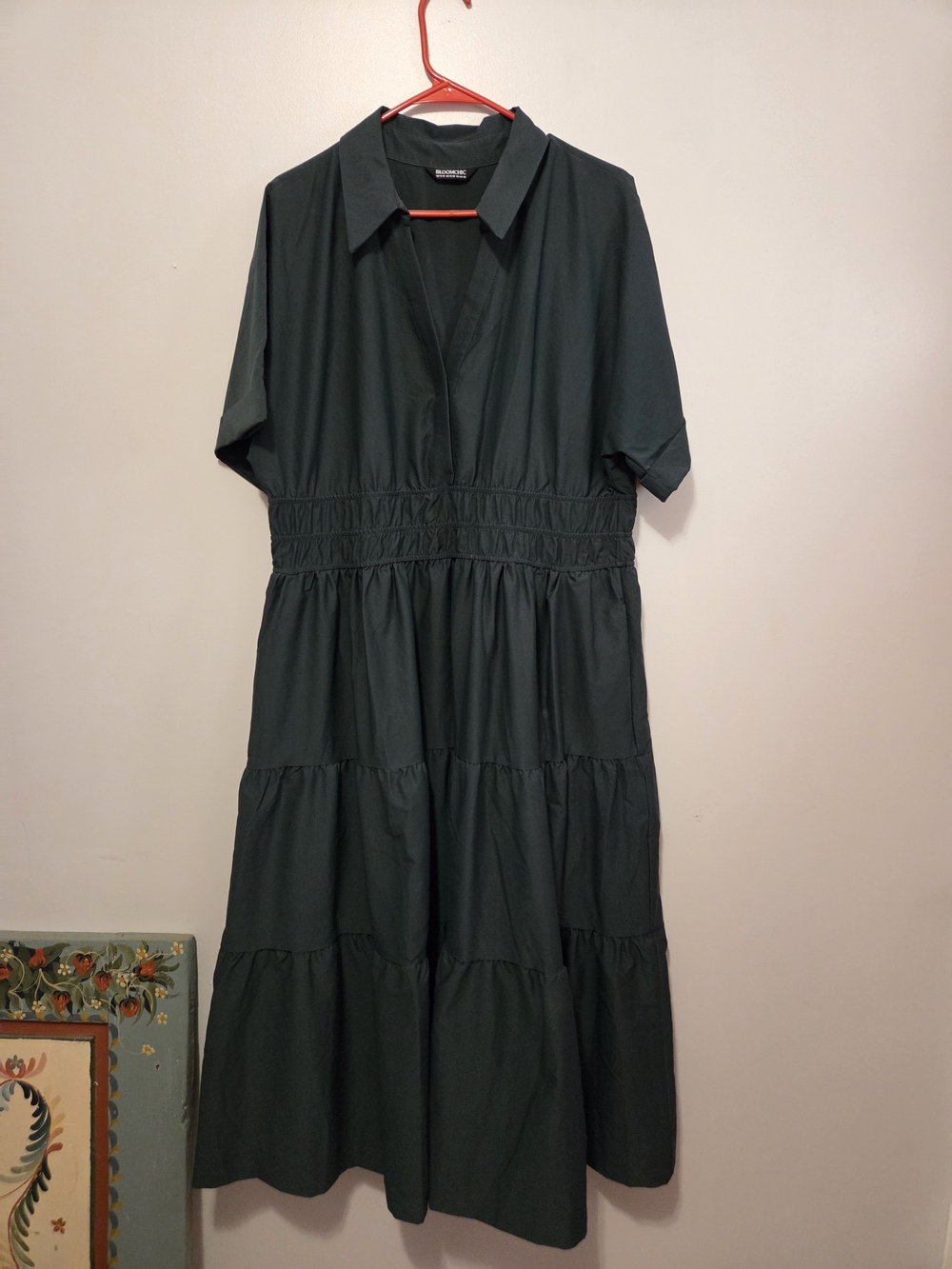BloomChic Deep Green Collared Tiered Midi Dress